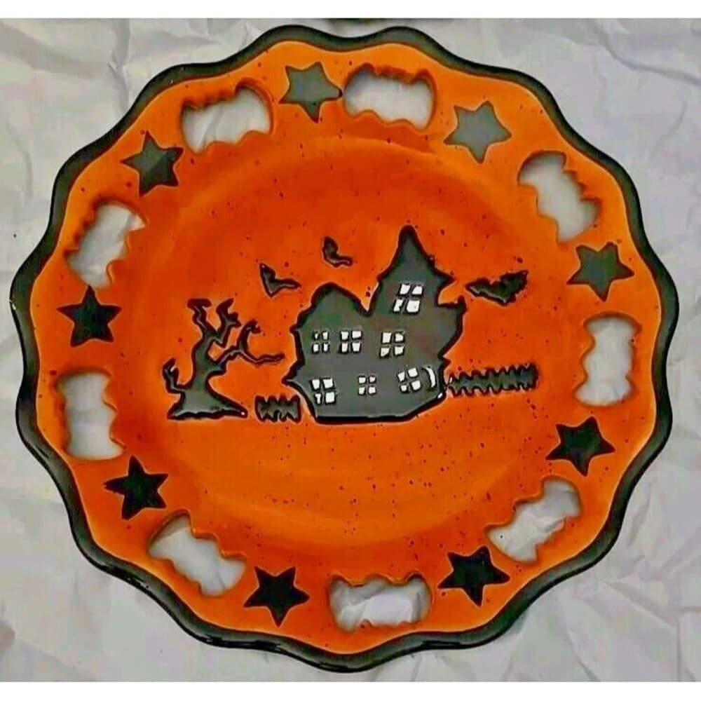 Garden Ridge Halloween 4 Plates Ghost Witch Haunted House Cat Moon Star Bat Rare 4