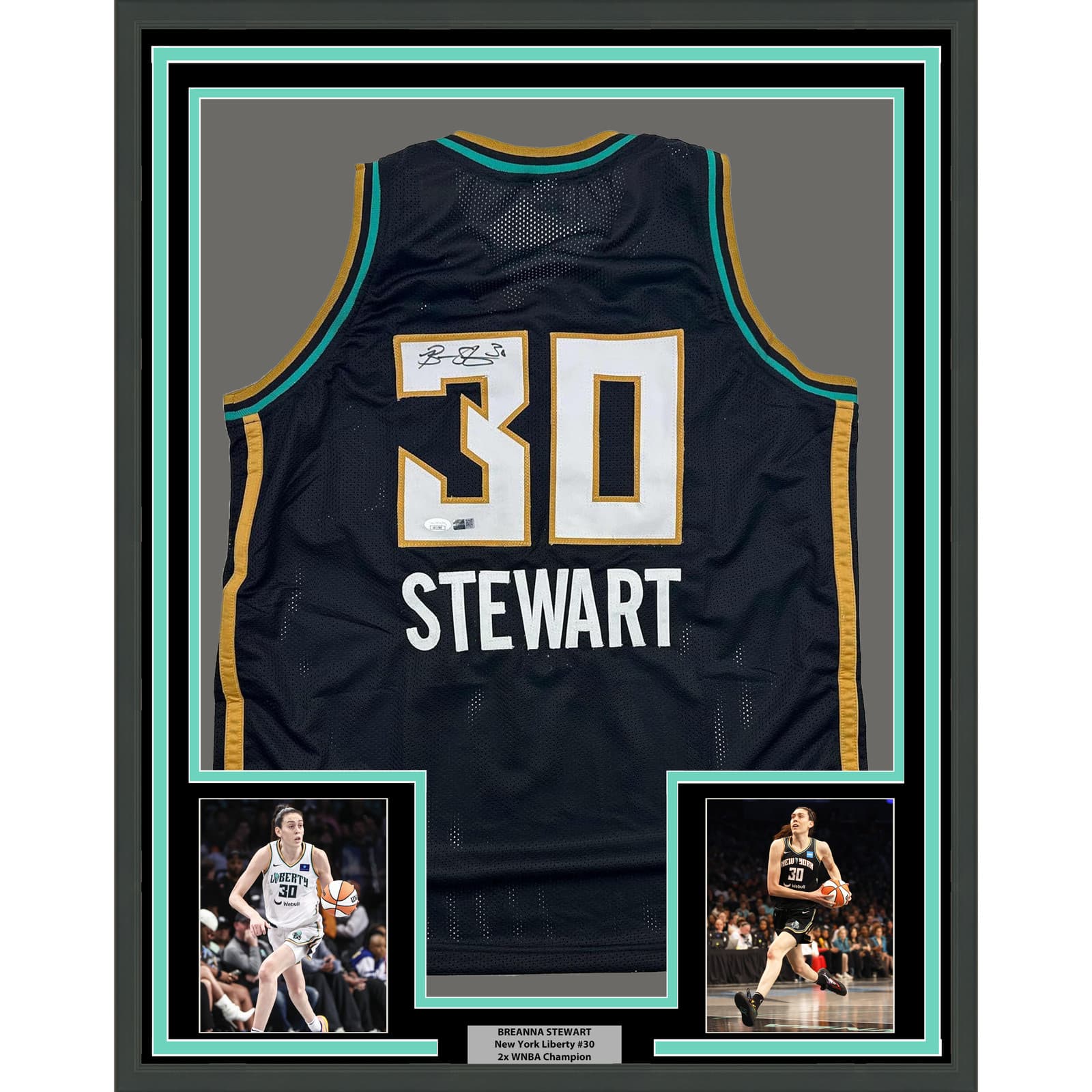 Framed Autographed/Signed Breanna Stewart 35x39 New York Black Jersey JSA COA