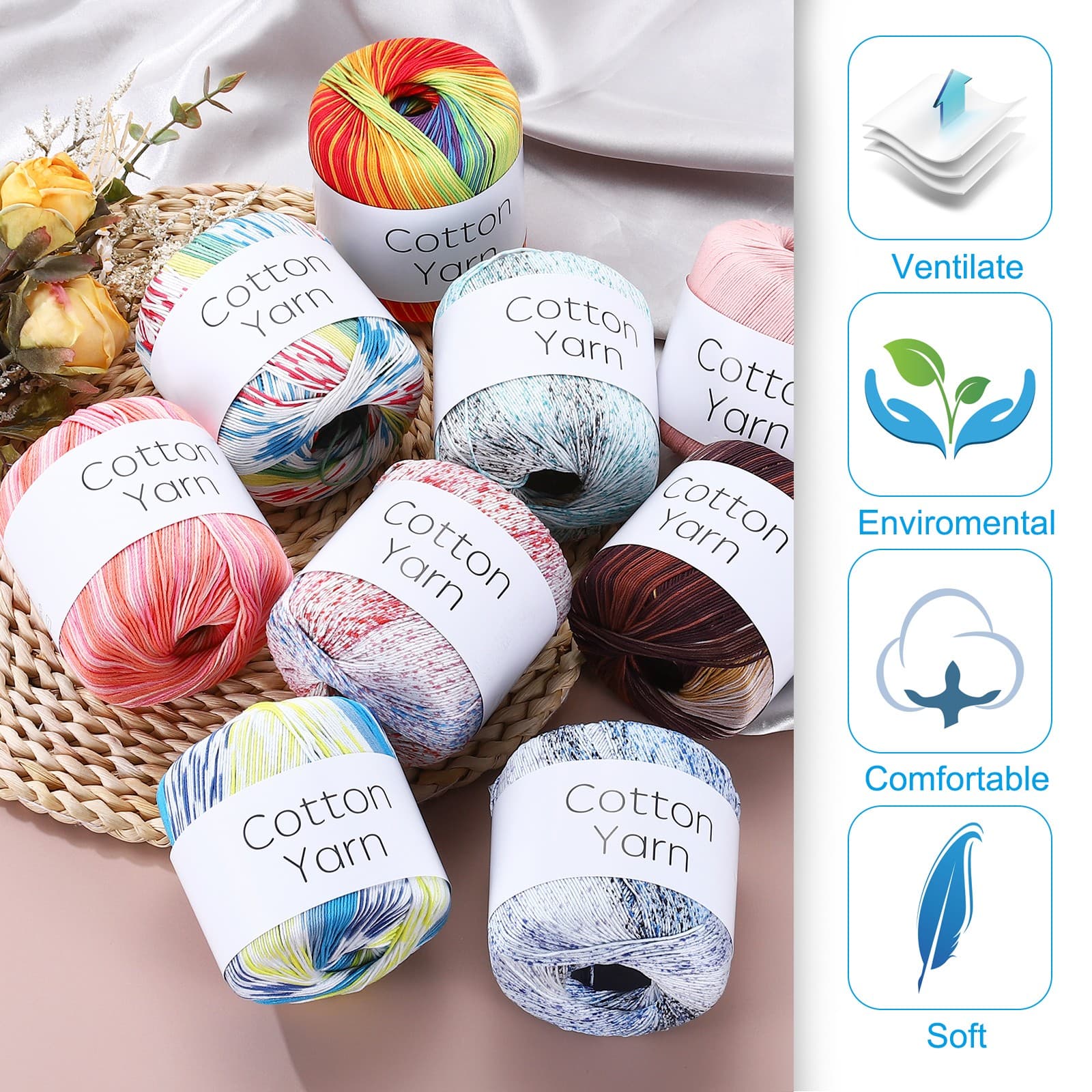 Cotton Yarn,Soft Knitting Yarn 2 Packages of 80g/2.82oz/White Multicolored 3