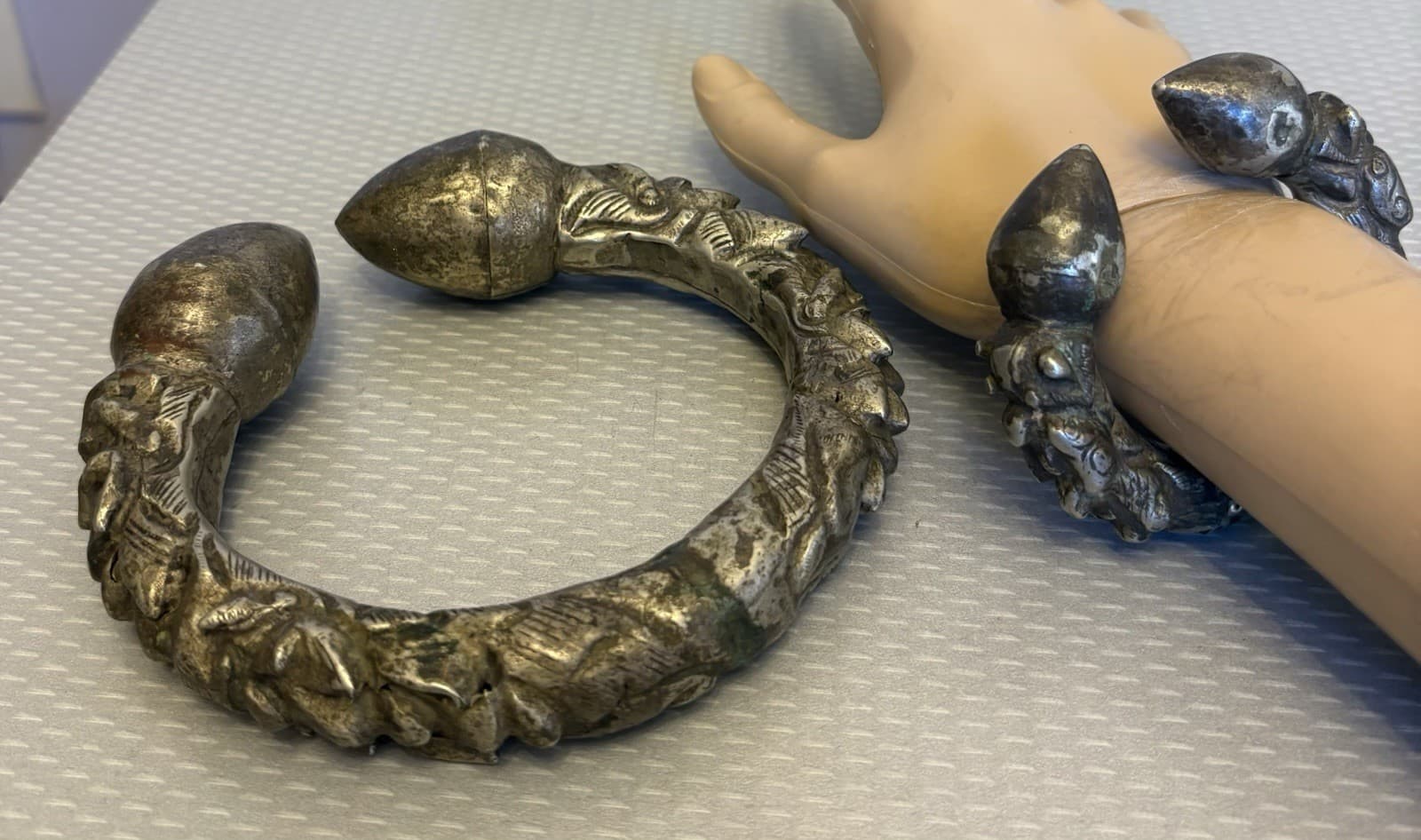 Old Antique Nepal Silver Metal Anklet Bracelet Tribal Ethnic Pair Makara Kalli 2 5