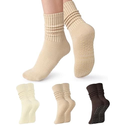 Grip Pilates Socks for Women: Non Slip Scrunch Socks 6-11 C01-brown/Khaki/Beige