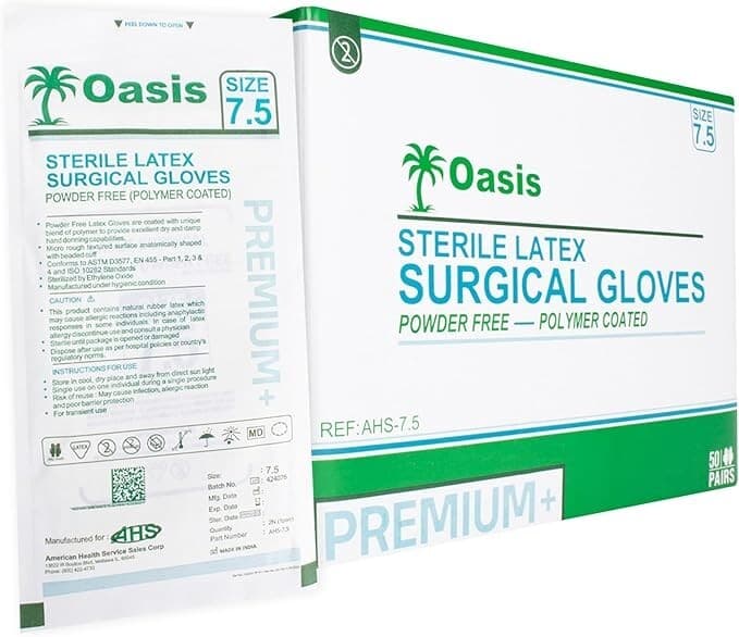 Sterile Latex Surgical Gloves, Size 7.5, Powder-Free, 50 Pairs/Box