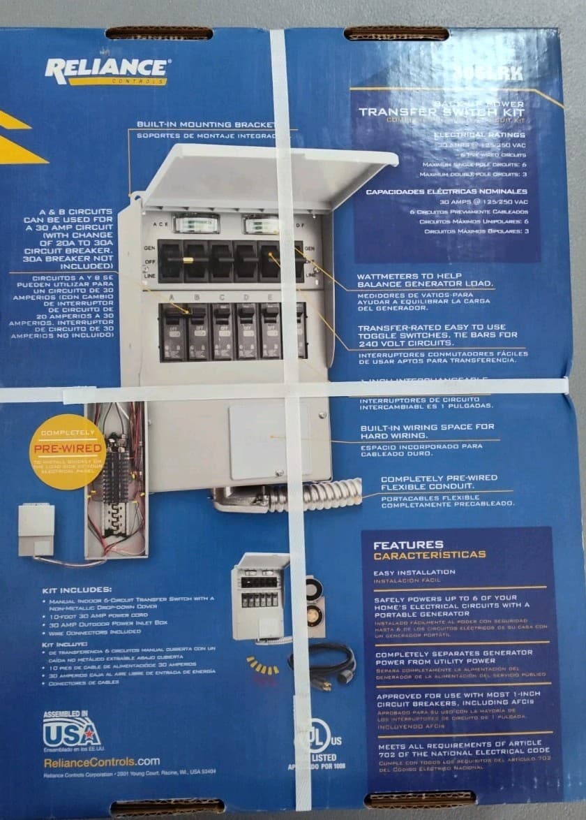 Reliance 306LRK 30Amp BackUp Power Manual Transfer Switch PreWired 6 Circuit Kit 2