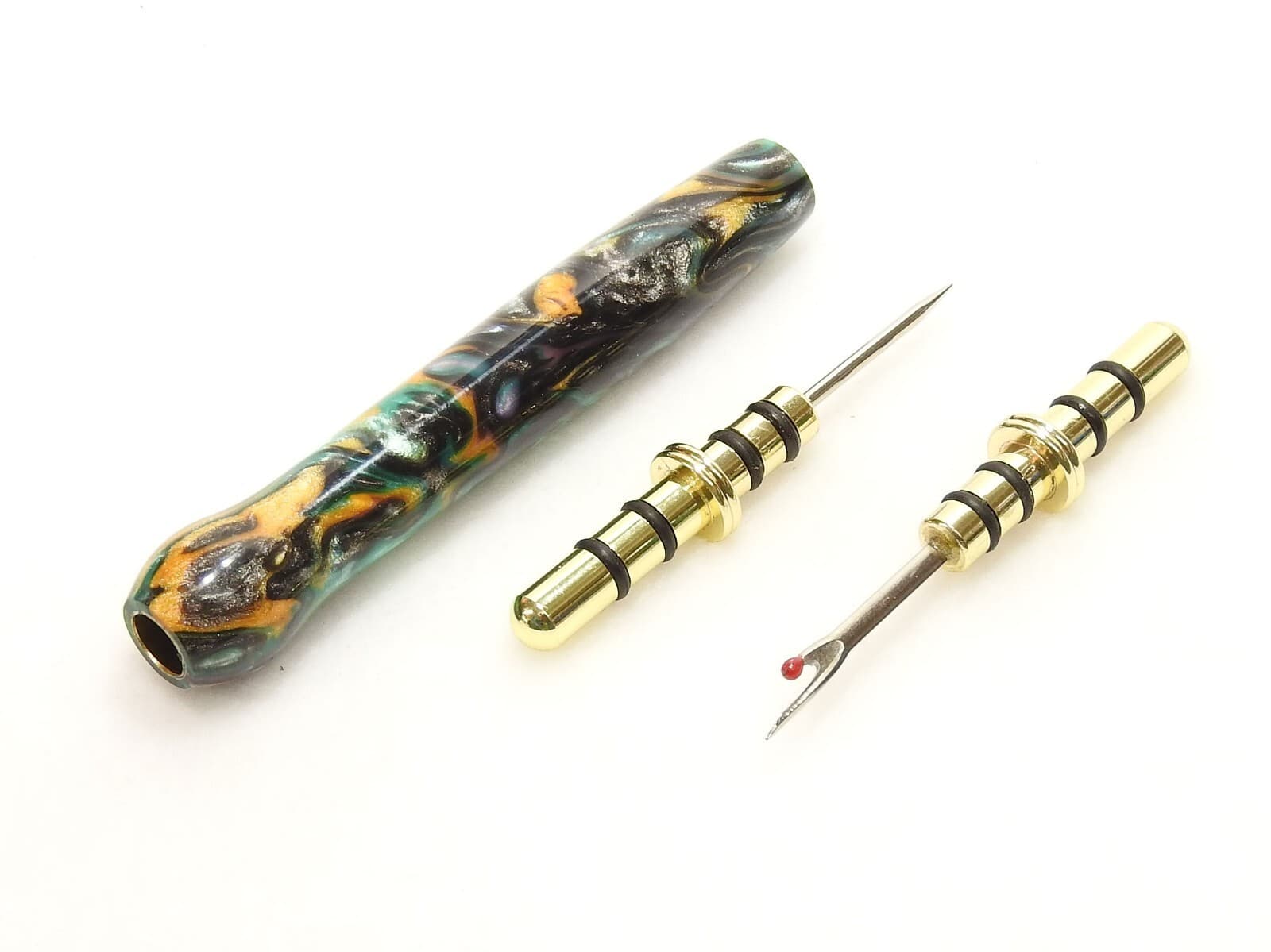 Handmade Double Seam Ripper w/ Sewing Stiletto, Green Gold Abalone Cloud Acrylic 4