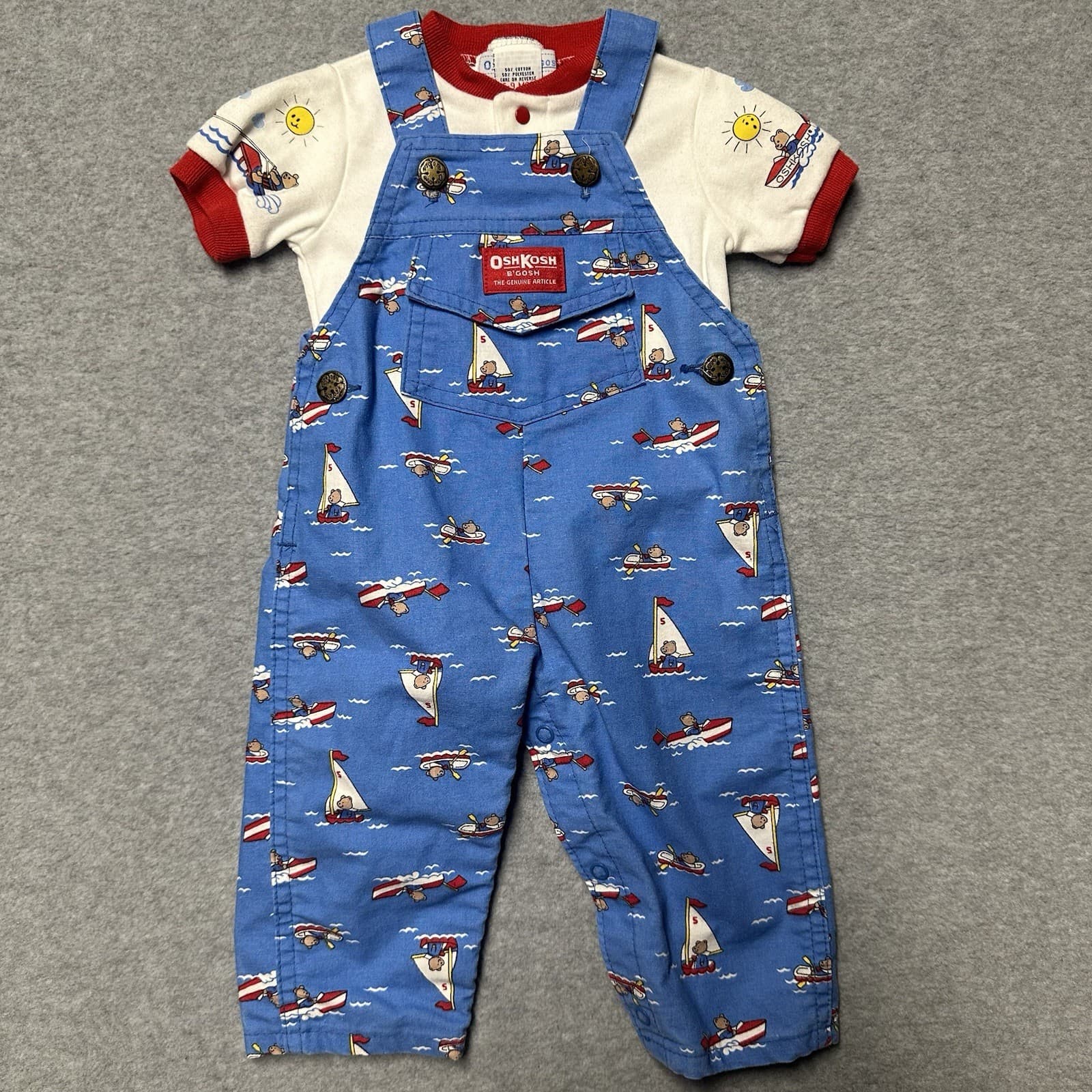 Vintage OshKosh B’gosh 80s 6-9 Months Overalls Boats Boys Infant Set USA Vestbak