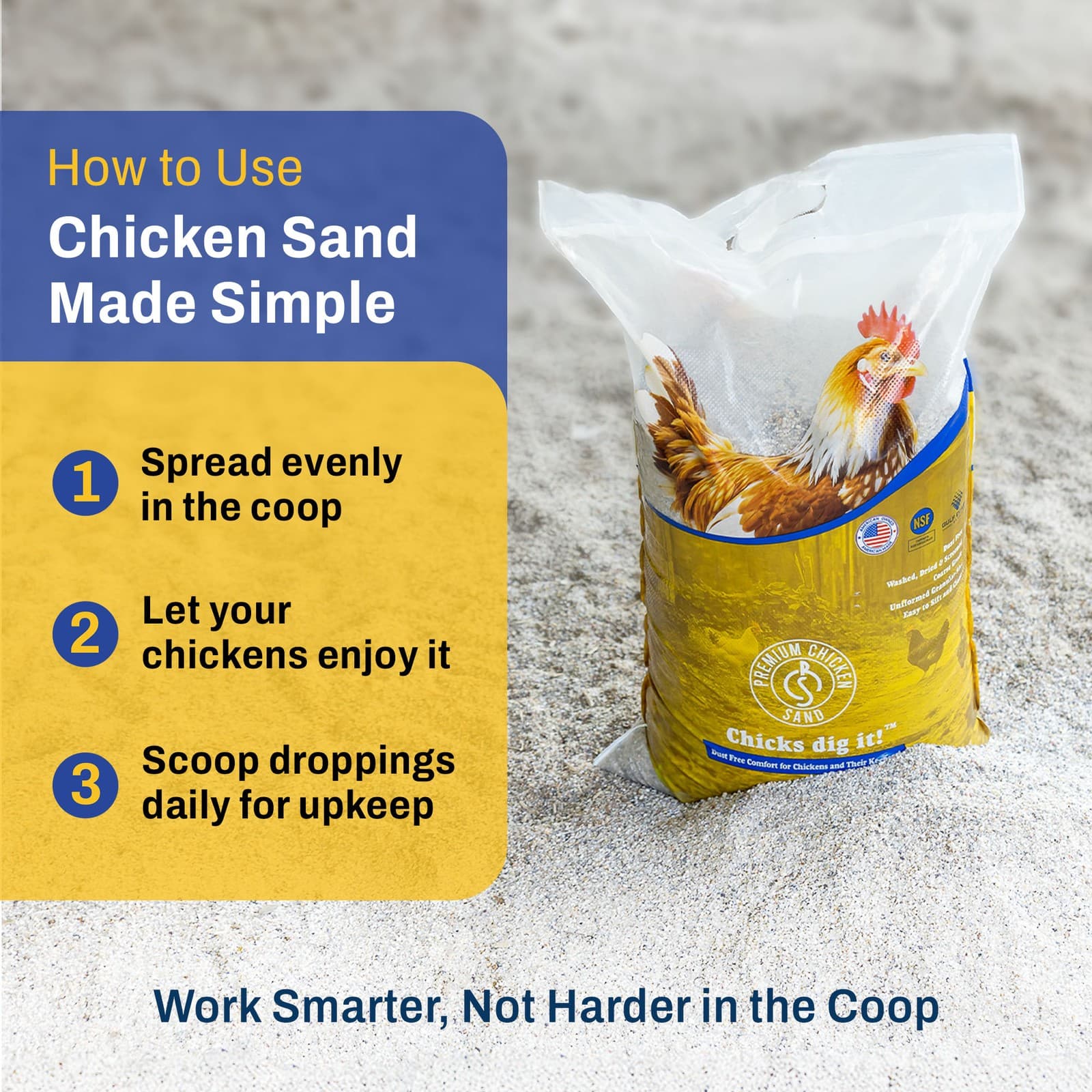 Premium Chicken Sand, Odor Eliminating Bedding for Coops, 50 Lb Bag, 2 Pack 6