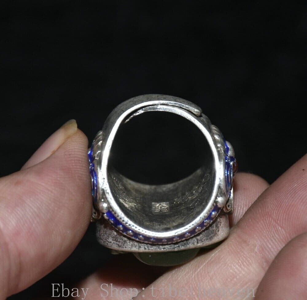 1.4" Old Chinese Silver inlay Green Gems Cloisonné Maitreya Buddha Finger Ring 6