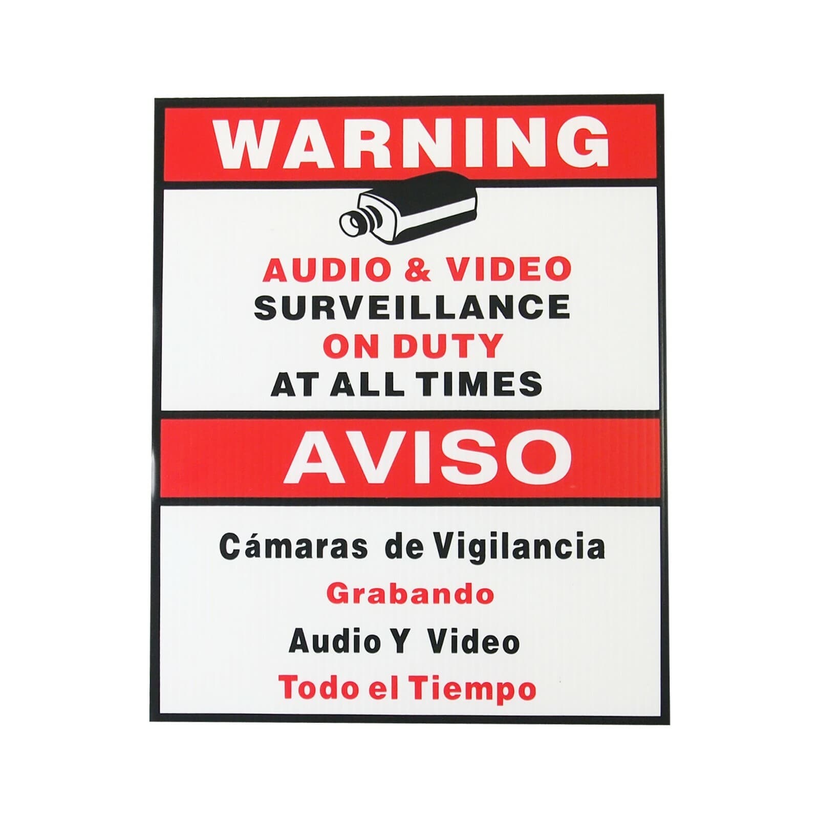 CCTV Security Surveillance Warning Sign Audio Video English Spanish 9''x11''