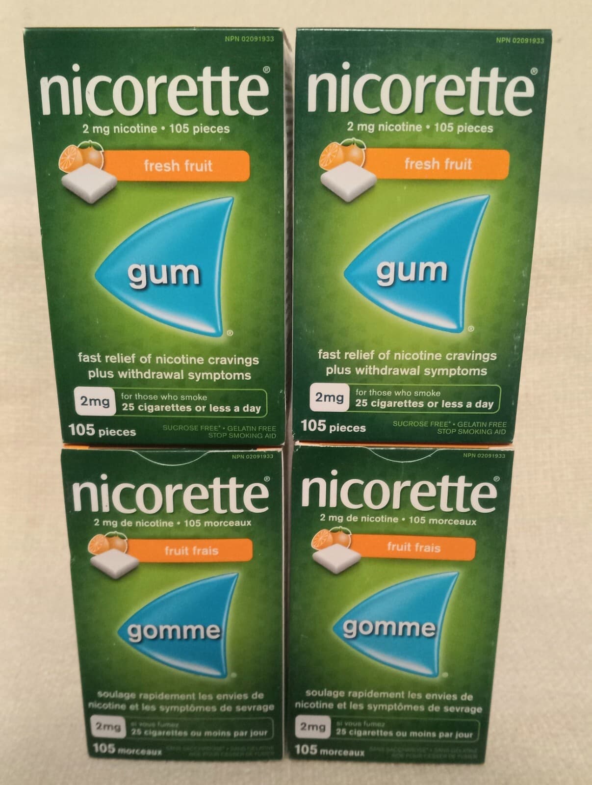 4 x Nicorette 2 mg Fresh Fruit Gum 105