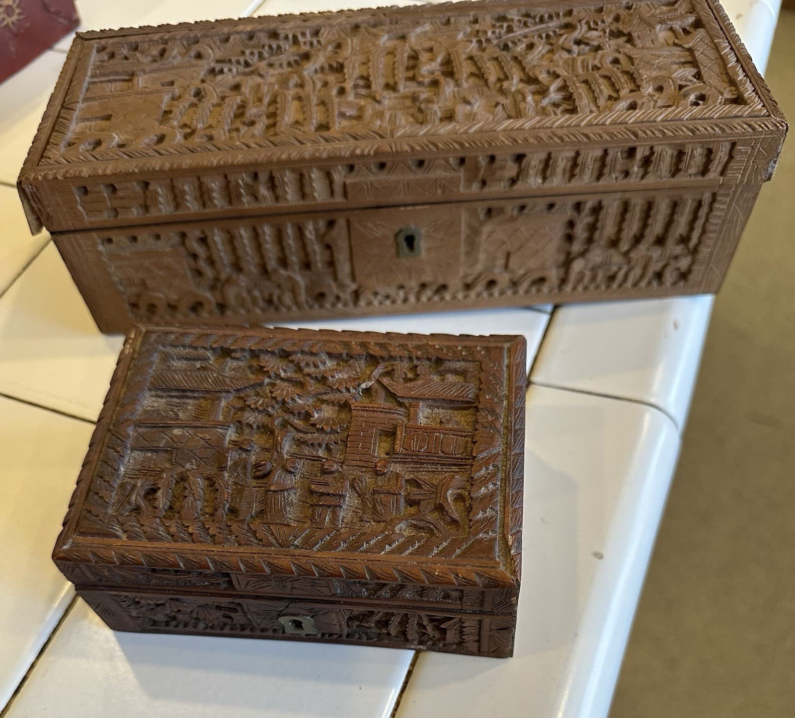 Pair Chinese Carved Wood Boxes “Noble Men in Courtyard” & “Scholars in Garden” 2