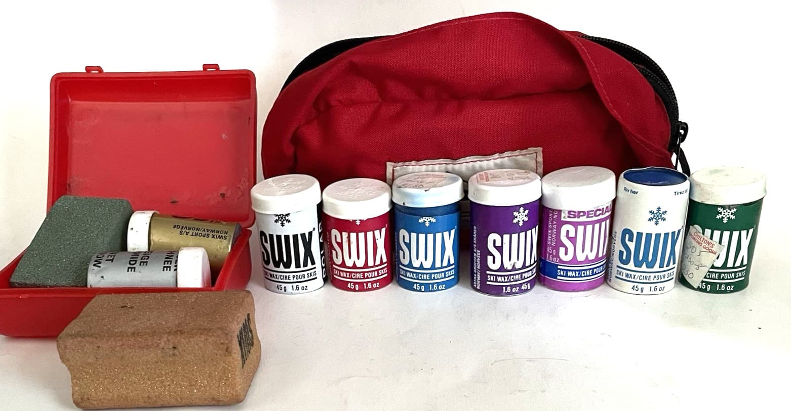 LARGE Lot of 9 SWIX Ski Wax Tubes Scraper Cork XC Various Temps in Vtg KELTY BAG 2