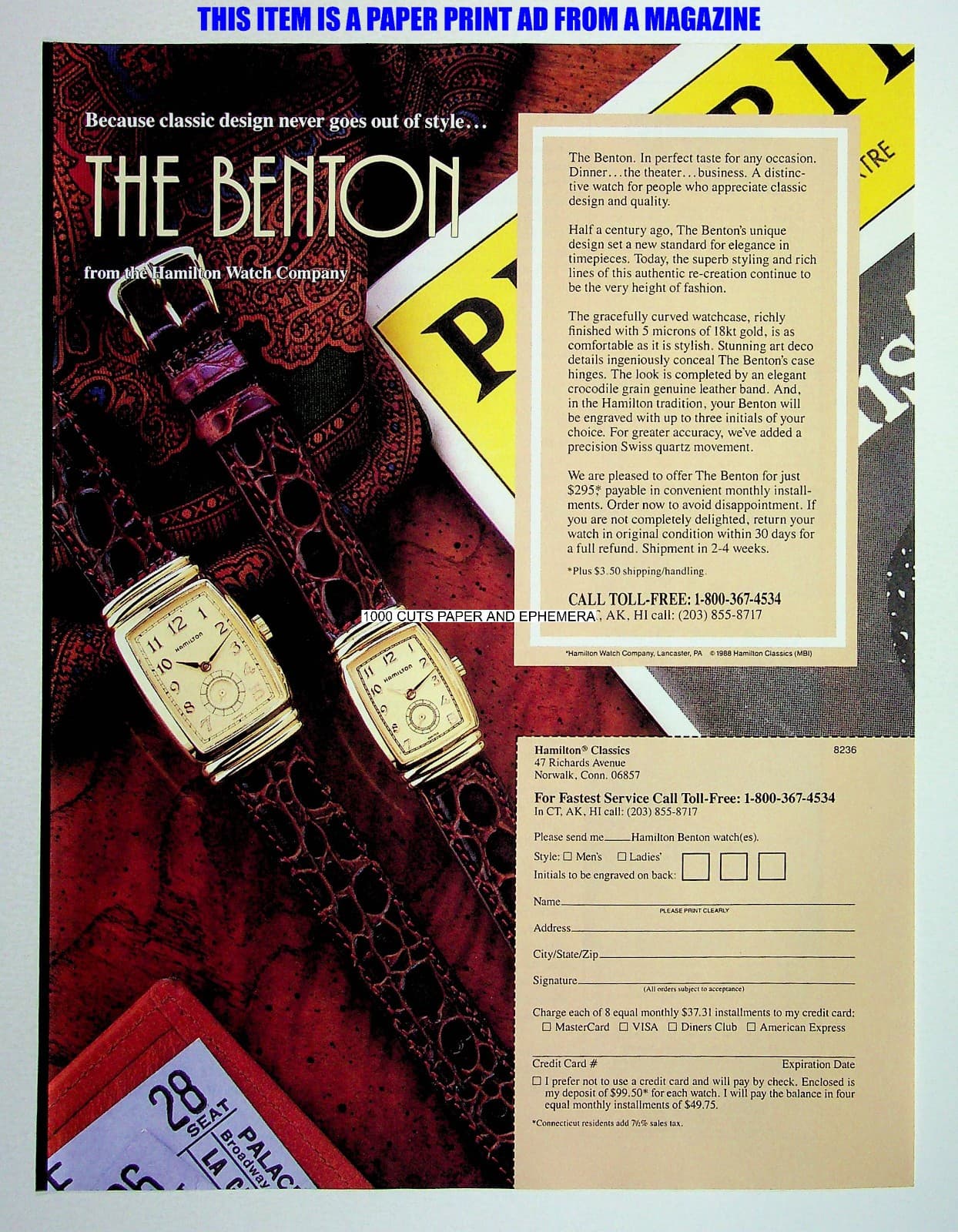 The Benton Wrist Watch Hamilton Classics 1988 Print Magazine Ad Poster ADVERT
