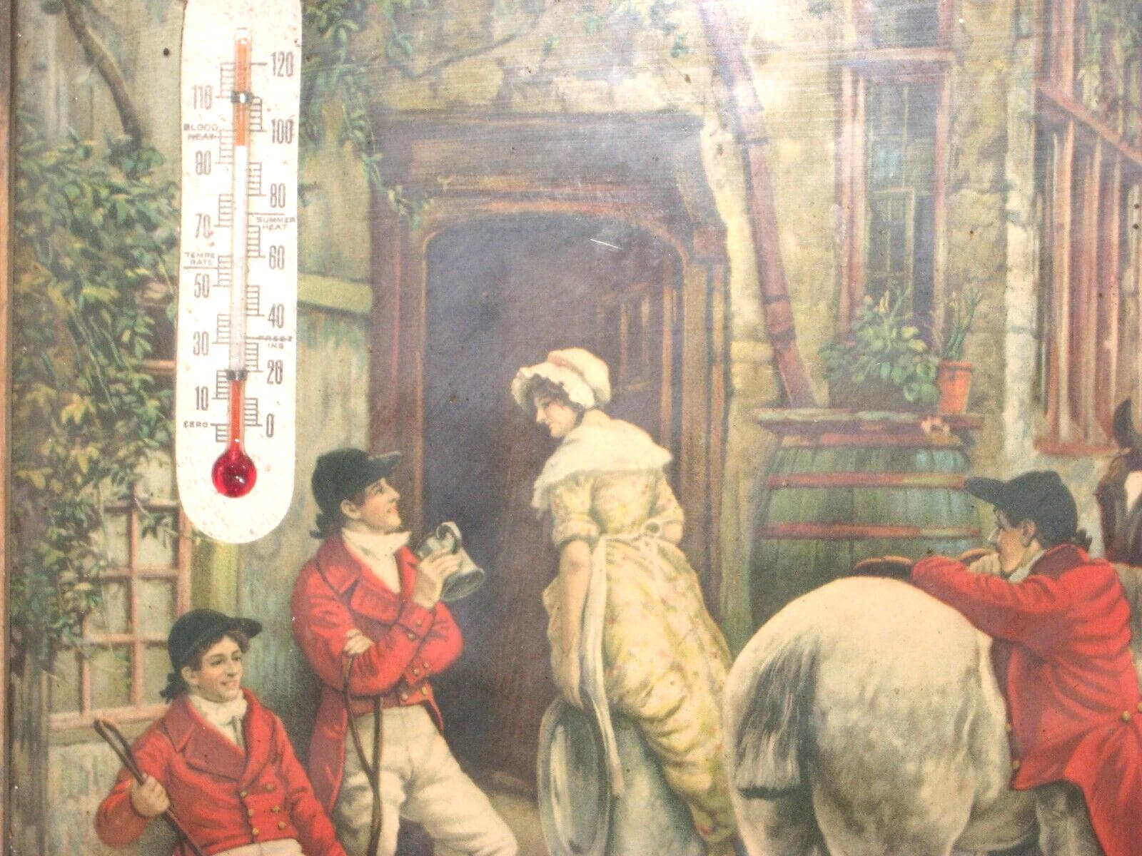 Very Old Fox Hunting Print with Thermometer Hounds Horses Dapple Grey Post Hunt 2