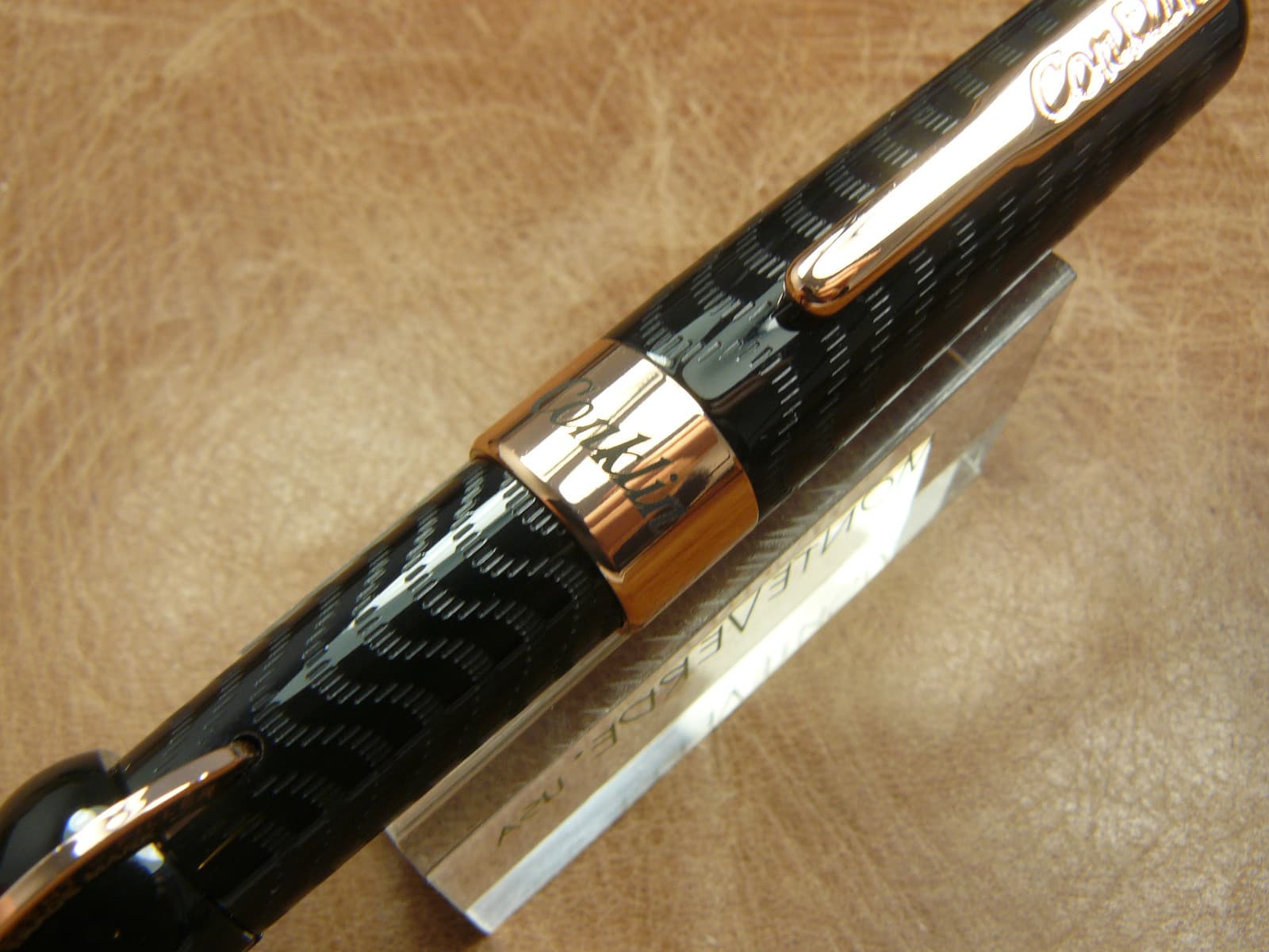 CONKLIN MARK TWAIN CRESCENT FOUNTAIN PEN BLACK CHASED /GOLD TRIM  EX FINE NIB 5