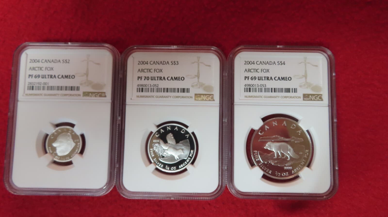 2004 CANADA 3x ARCTIC FOX $4, $3 and $2 - NGC Graded PF70 & 69 Coin Set