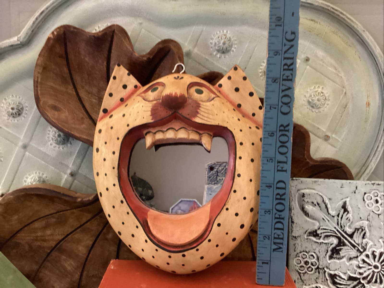 Indonesian Balinese Wood Polka Dot Cat Mouth Mirror Folk Art Kitty Wall Mirror 5