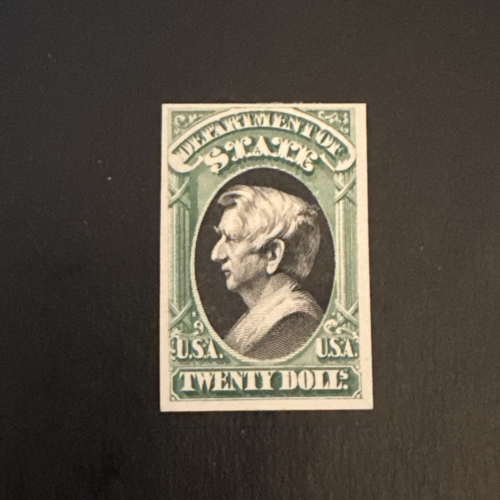 US Scott #O71P4 - $20 State Dept Wm Seward Plate PROOF on Card As Issued MH