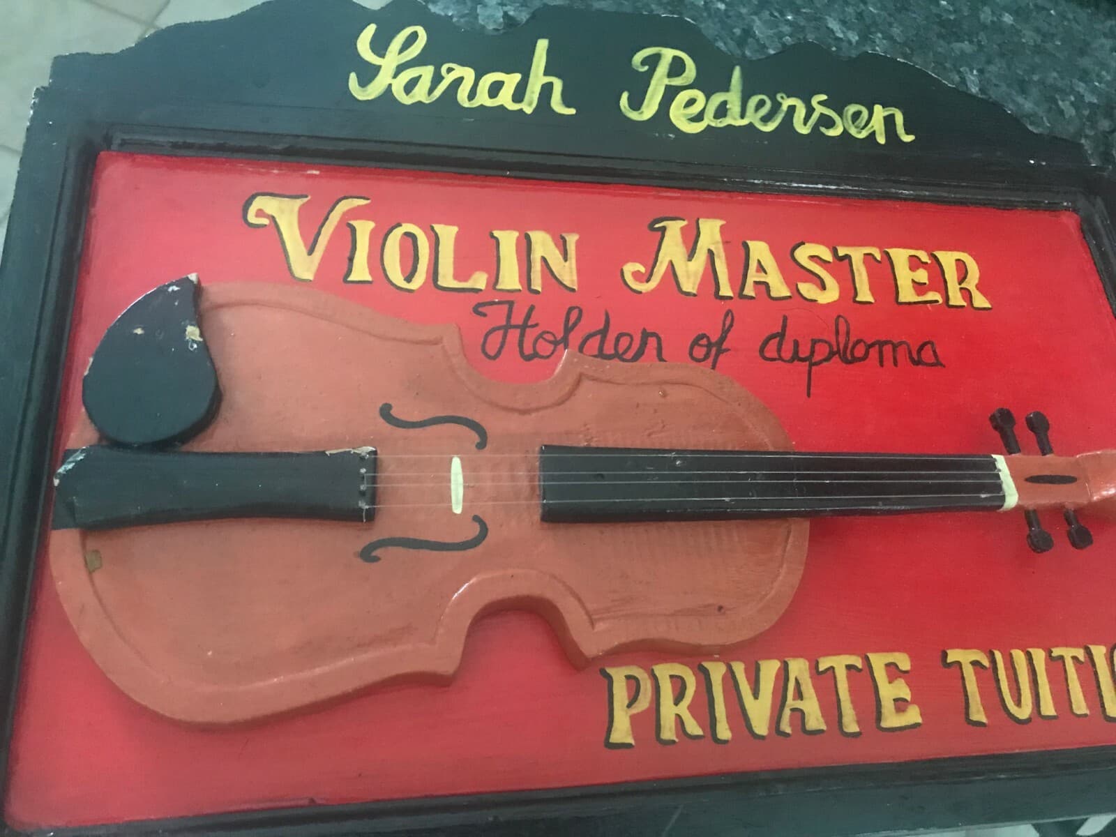 SARAH PEDERSEN Antique Violin Master Private Tuition Molded Vintage Trade Sign  5