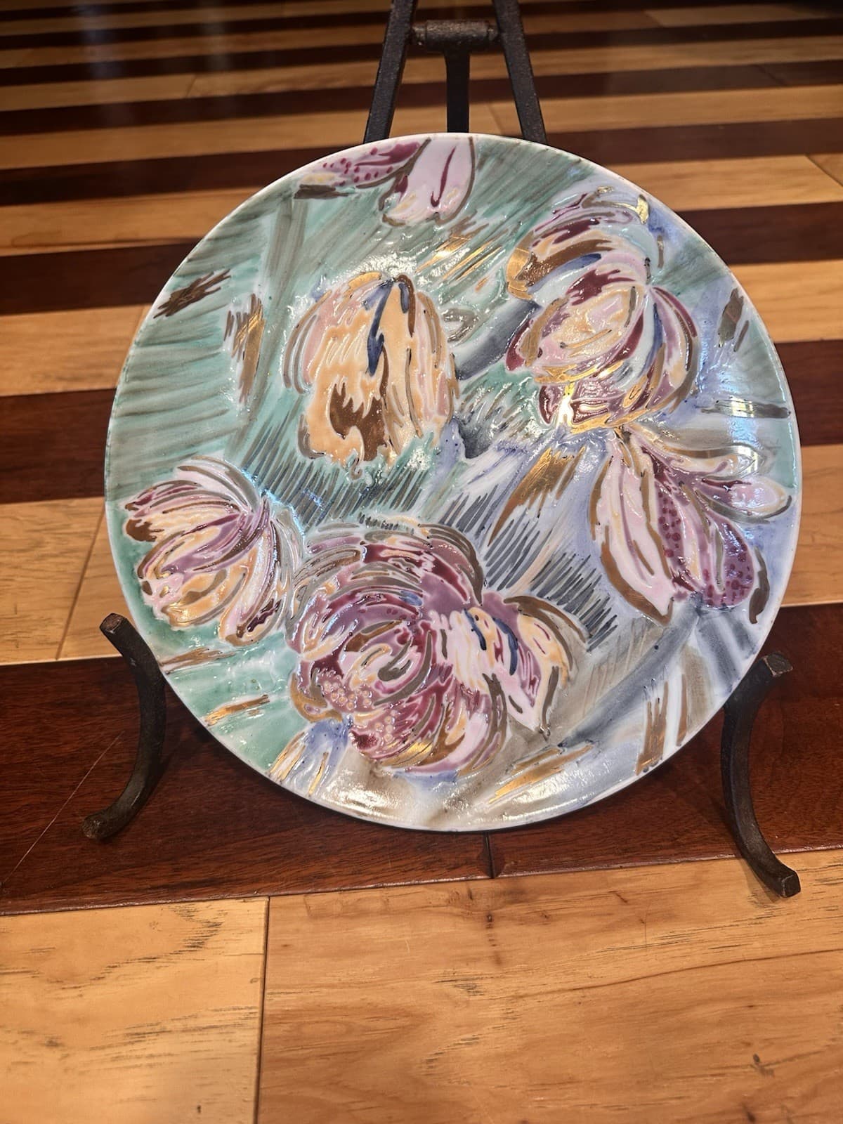 CHINA TRADER DECORATIVE IMPRESSIONISM FLORAL 10" BOWL & PLATE GOLD PINK BLUE SET 6