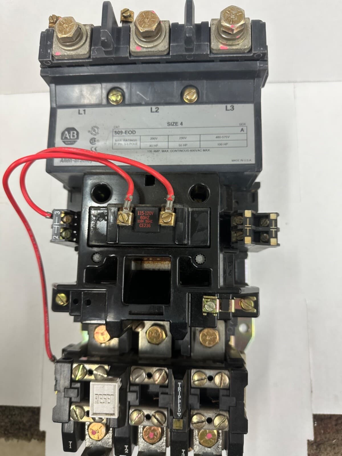 ALLEN BRADLEY 509-EOD, Size 4,TESTED ,95% contacts, 120 volt coil 5