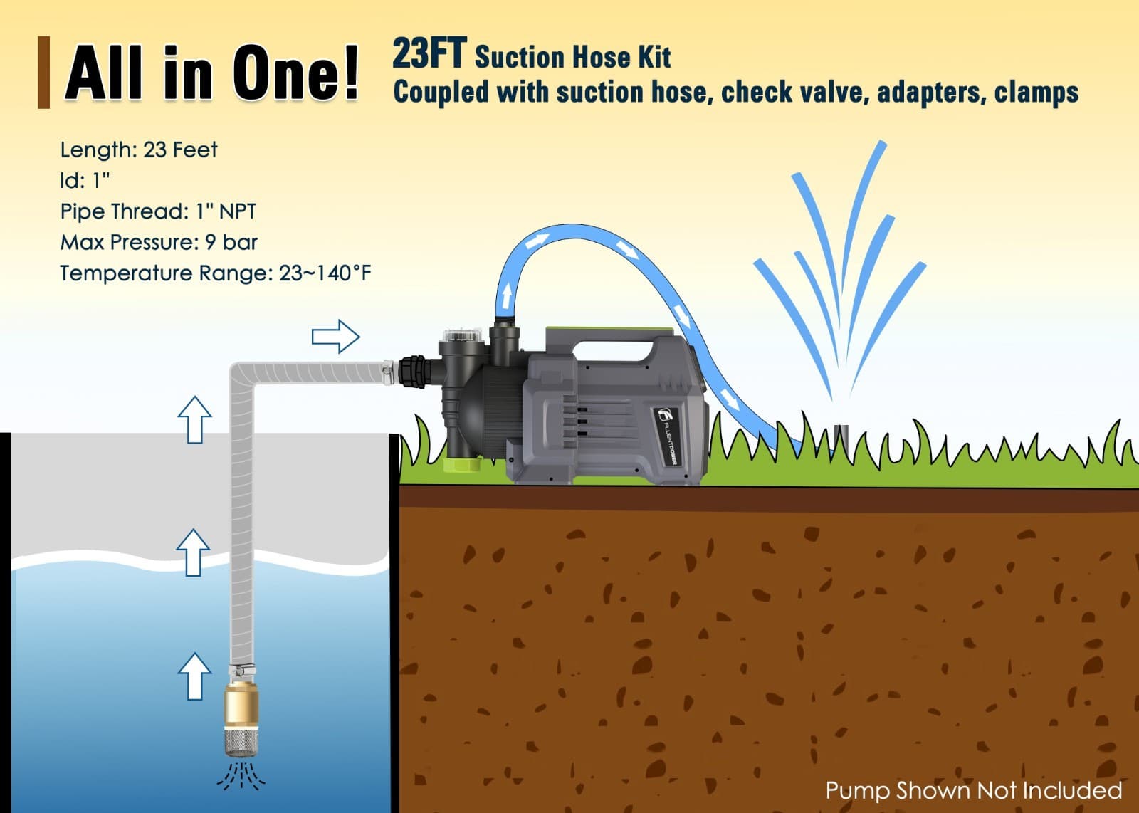 FLUENTPOWER 23FT x 1" Suction Hose Kit with Brass Fitting Check Valve, NPT 1" 3