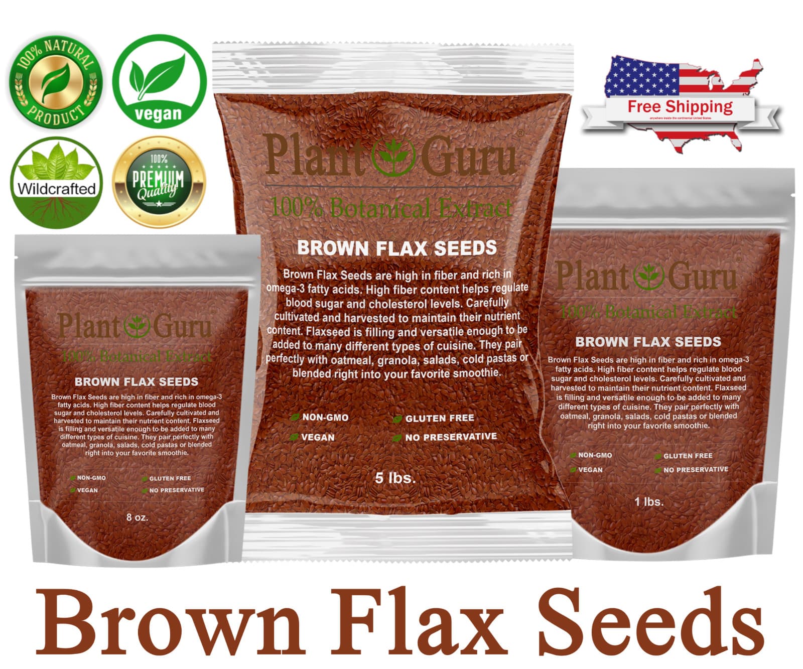 Brown Flax Seeds Whole 5 lbs. Bulk Omega-3 NON GMO 100% Pure Linseed Flaxseed 3