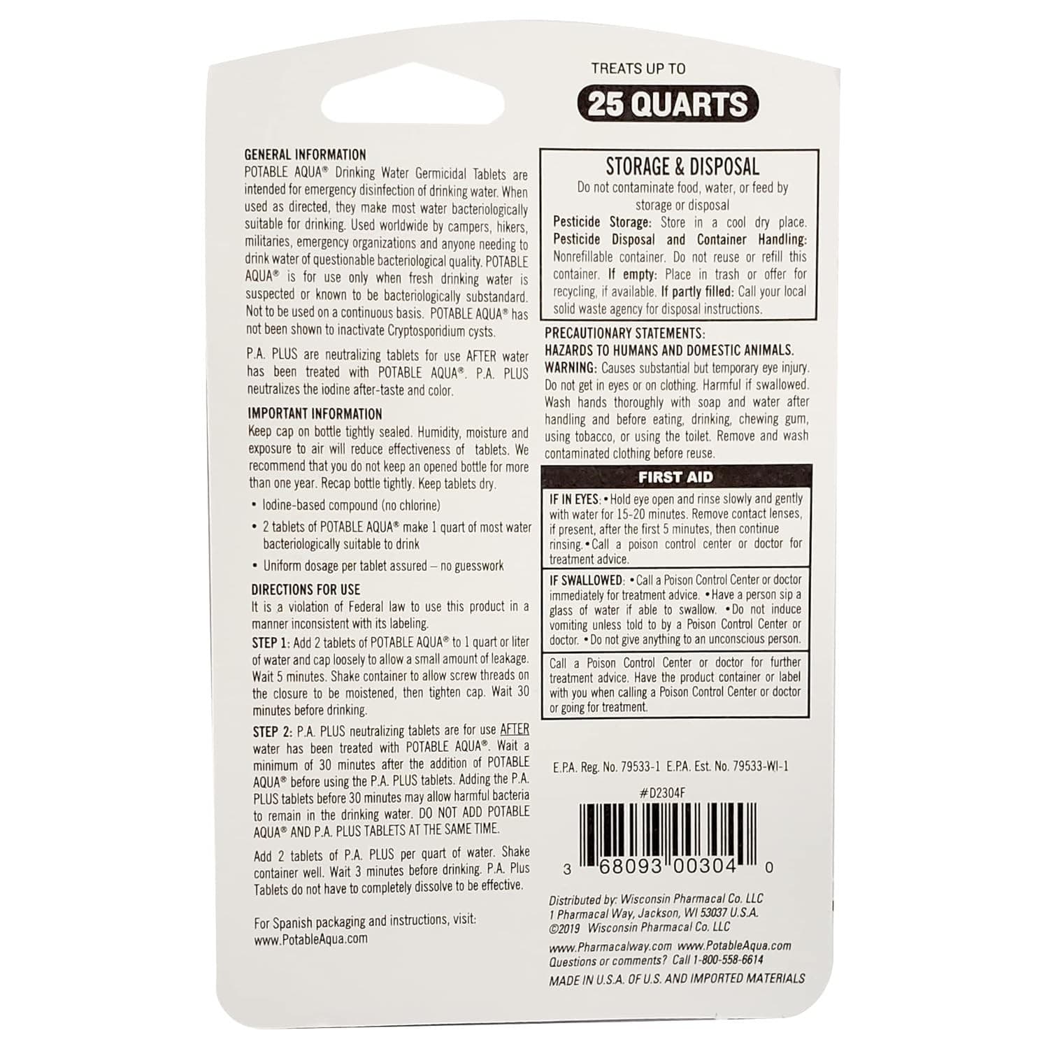 Potable Aqua Water Purification Tablets with PA Plus, 2 Bottles of 50 Tablets 2