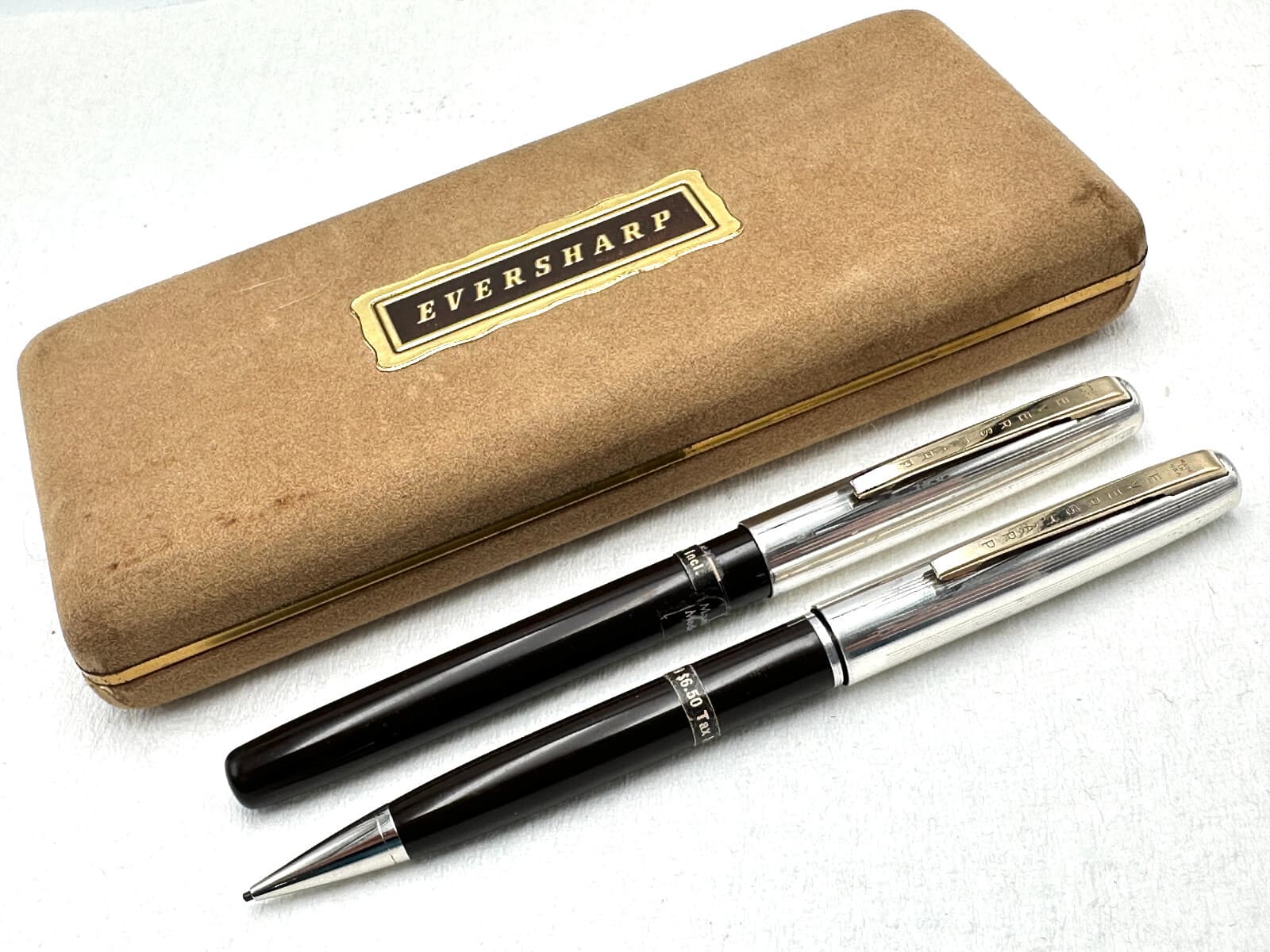 c1957 NOS? EVERSHARP VENTURA STERLING SILVER & BROWN FOUNTAIN PEN PENCIL SET 14K 4