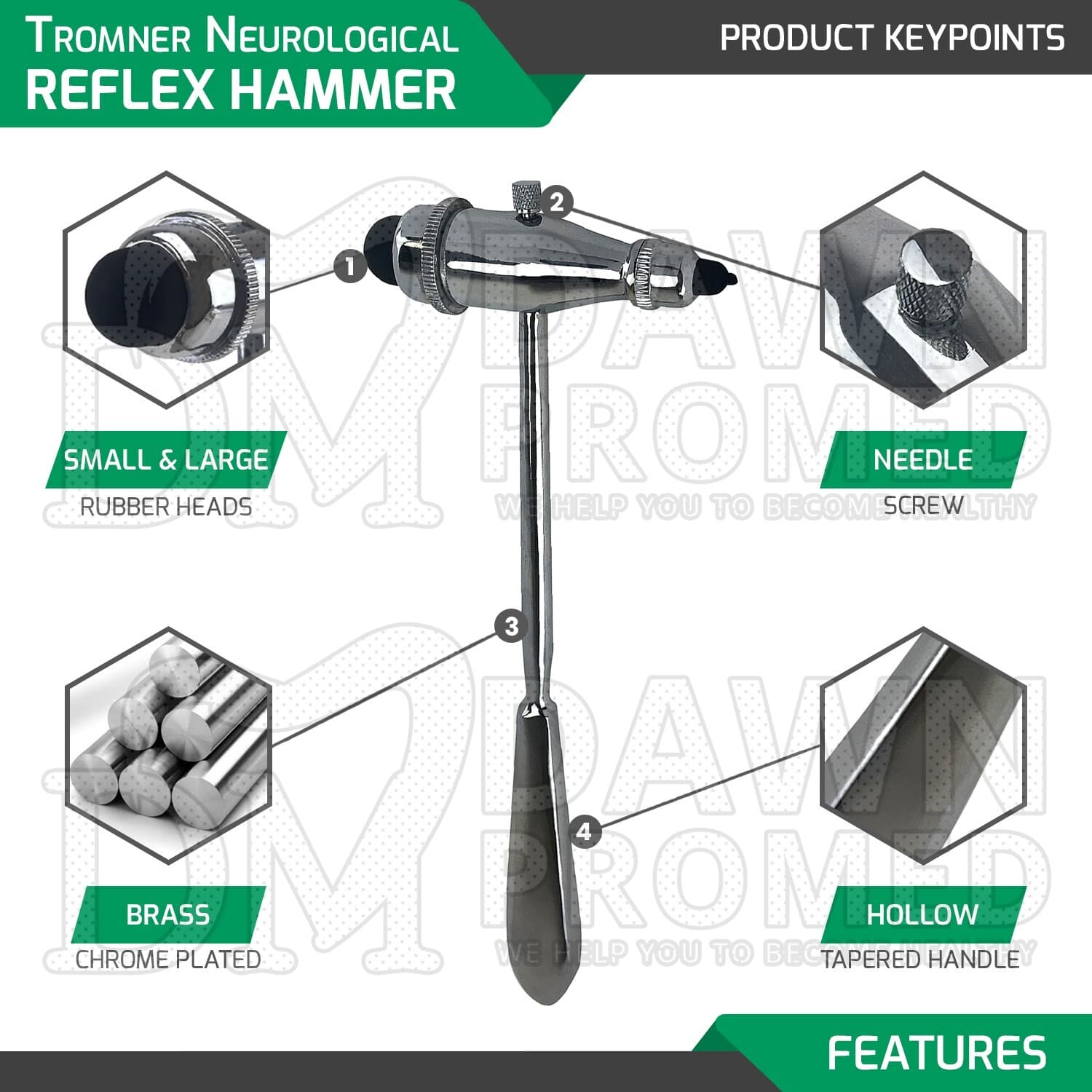 Tromner Neurological Reflex Hammer 9.5" 3 in 1 Pin With Small & Large Rubber Tip 3