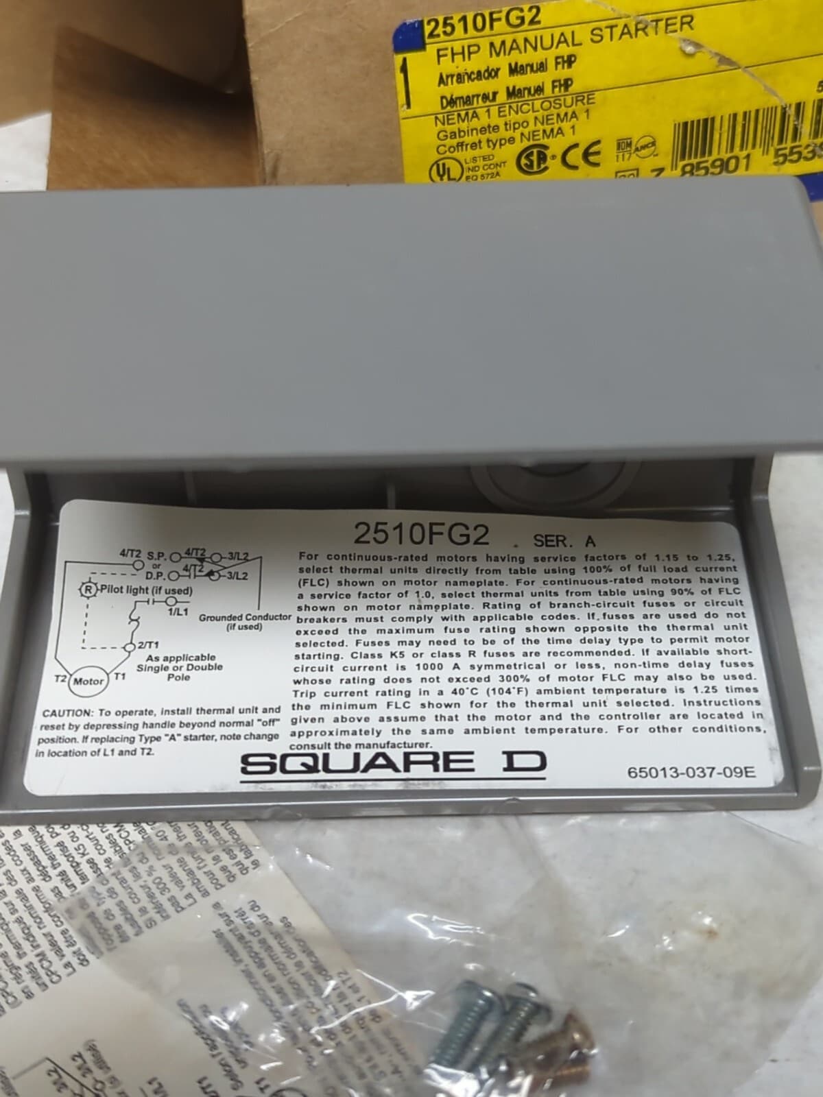 SQUARE D,2510FG2,FHP MANUAL MOTOR STARTER NEMA 1 ENCLOSURE NOS 3