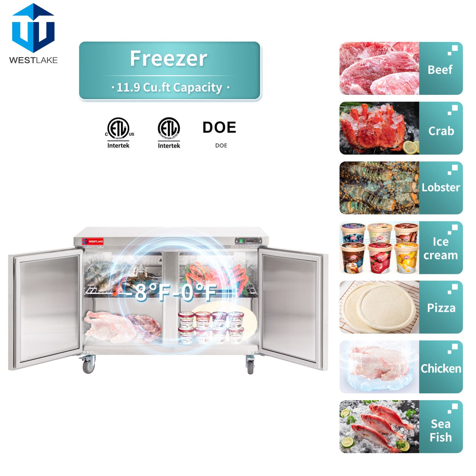 Commercial Undercounter Freezer, WESTLAKE 2 Door 48" W Worktop Freezer 12 Cu.ft 3