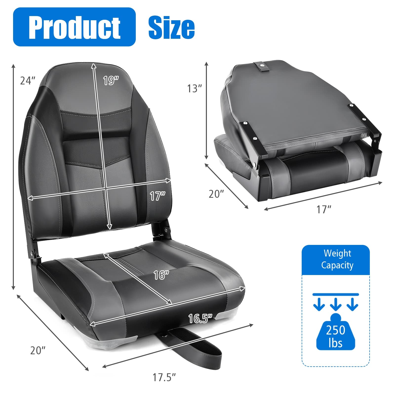 2 Pack High Back Folding Boat Seats with Sponge Cushion & Flexible Hinges 2