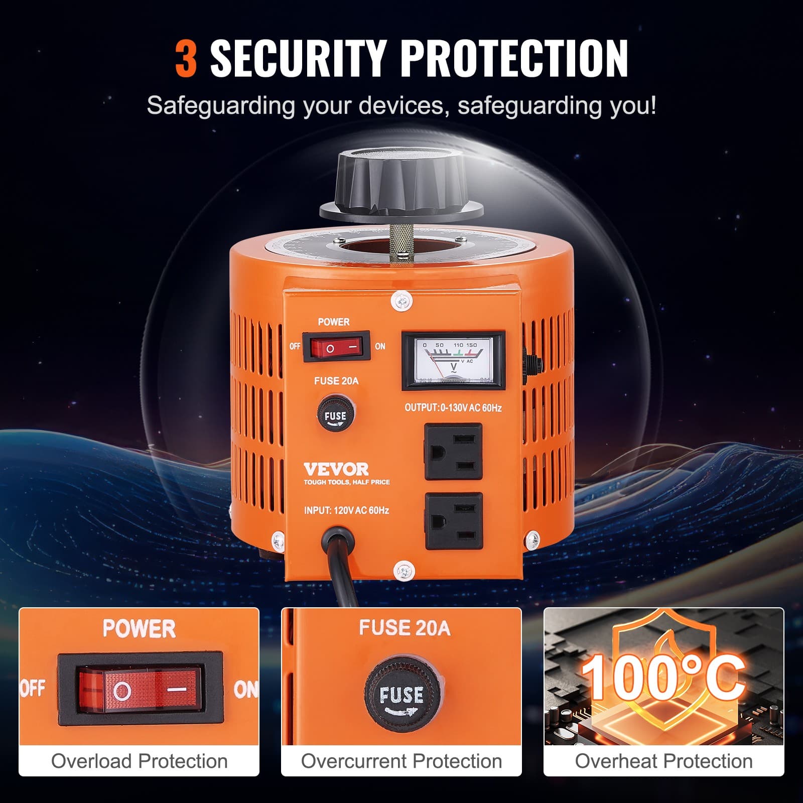 2000VA Variable Voltage Transformer 15.3A 0-130V AC Voltage Regulator UL 4