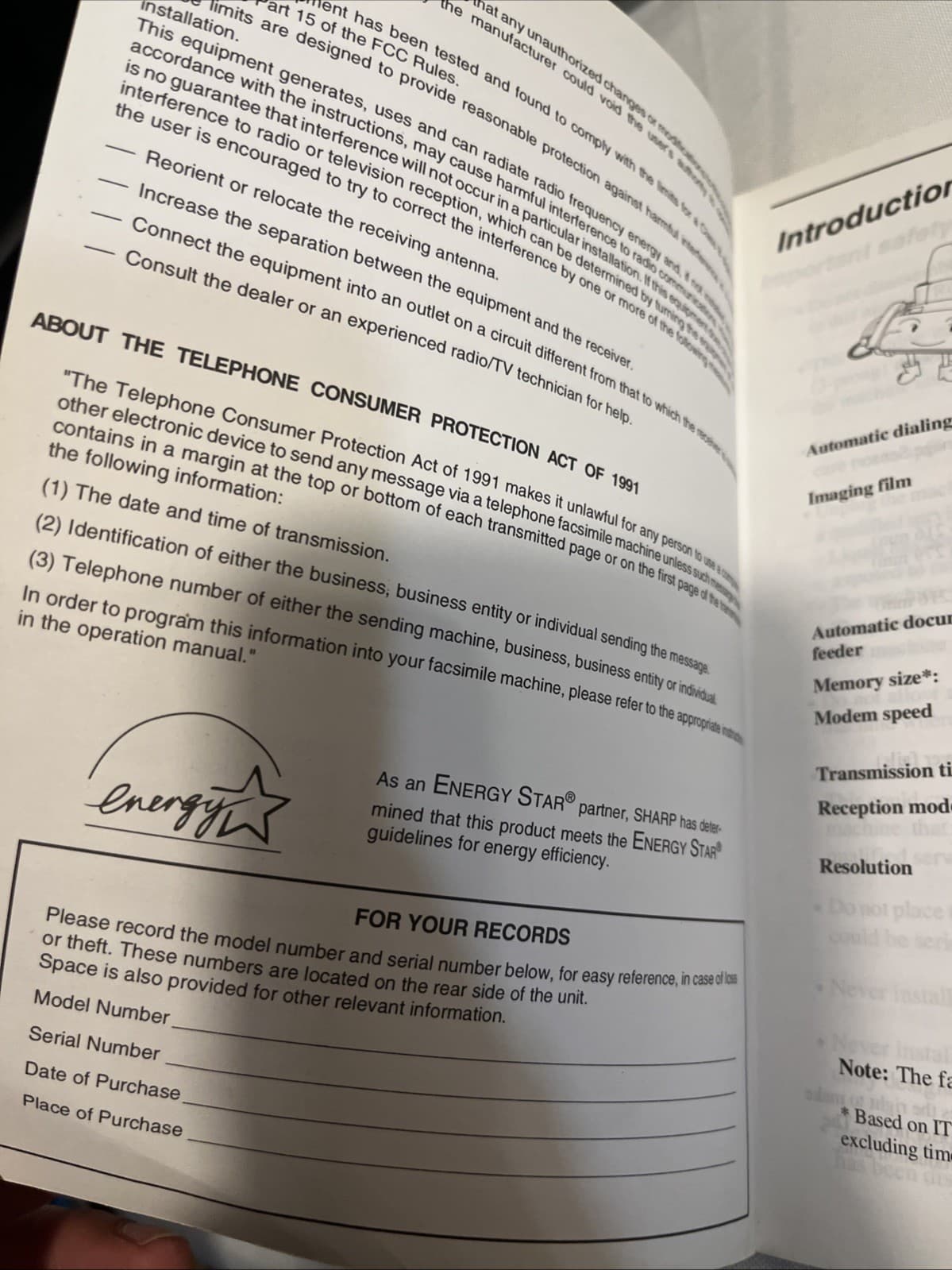 Sharp UX-300 Fax Machine USER MANUAL Facsimile 1991 3