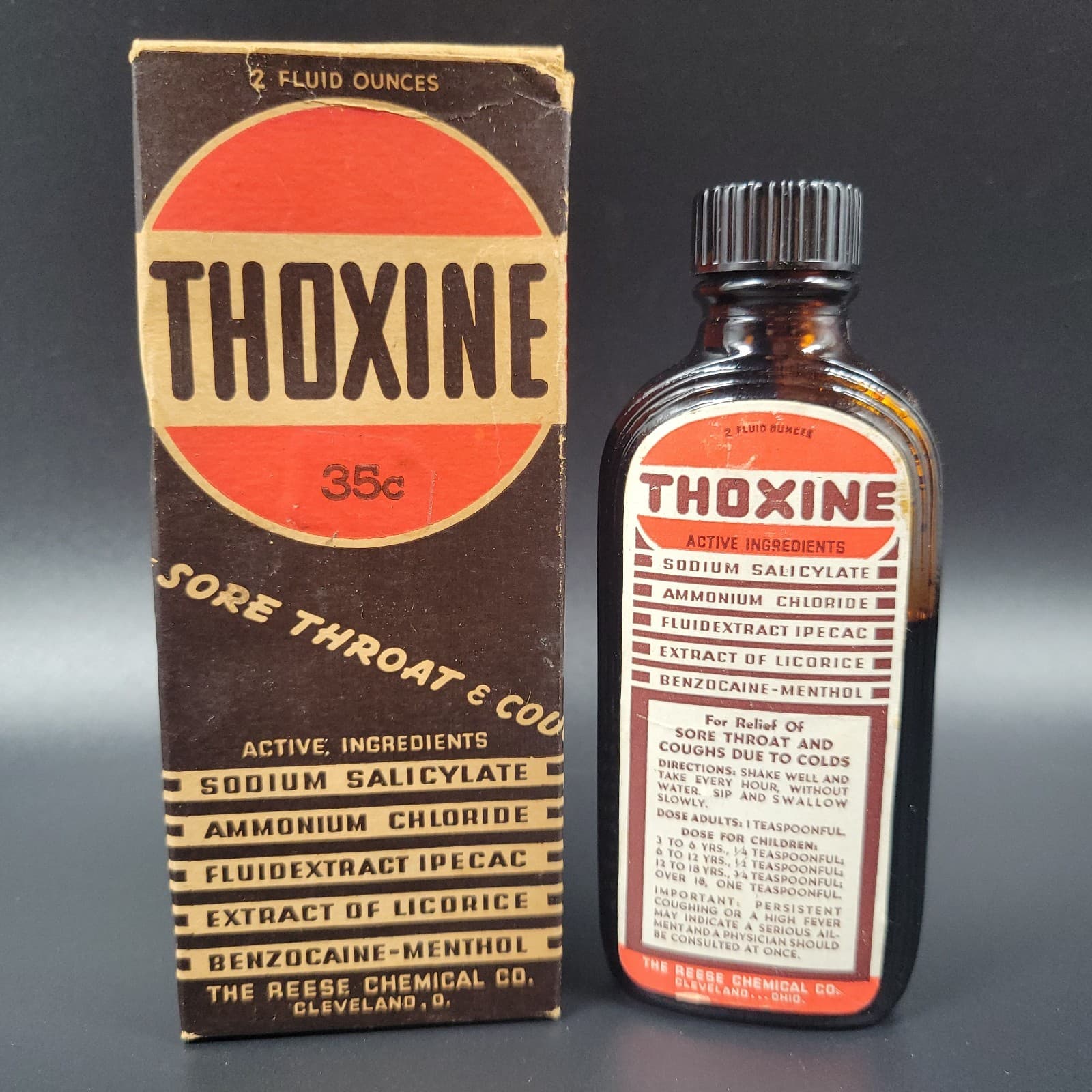 Thoxine Cough Syrup Full Label Apothecary Bottle Patent Med Reese Chemical VTG