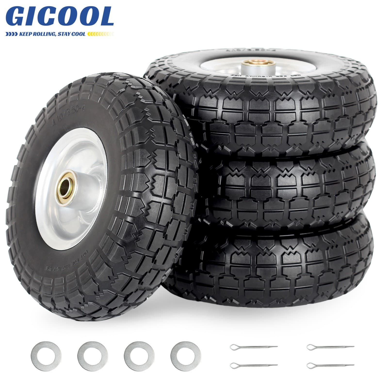 2-Pack 4.10/3.50-4 Flat Free Tire & Wheel for Garden Wagon Hand Truck Trolley