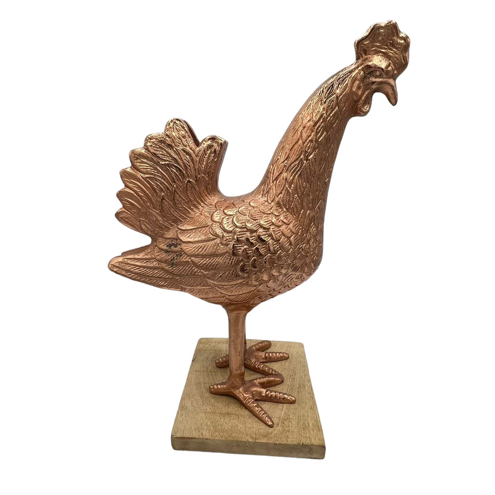 Large Rooster Chicken Bird Copper Cast Metal 15" Tall on Wood Platform Figure 5