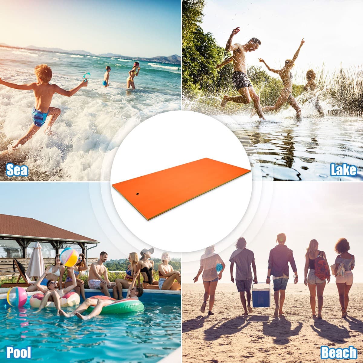 Costway 3-Layer Floating Water Pad 12' x 6' Floating Oasis Foam Mat Orange 4