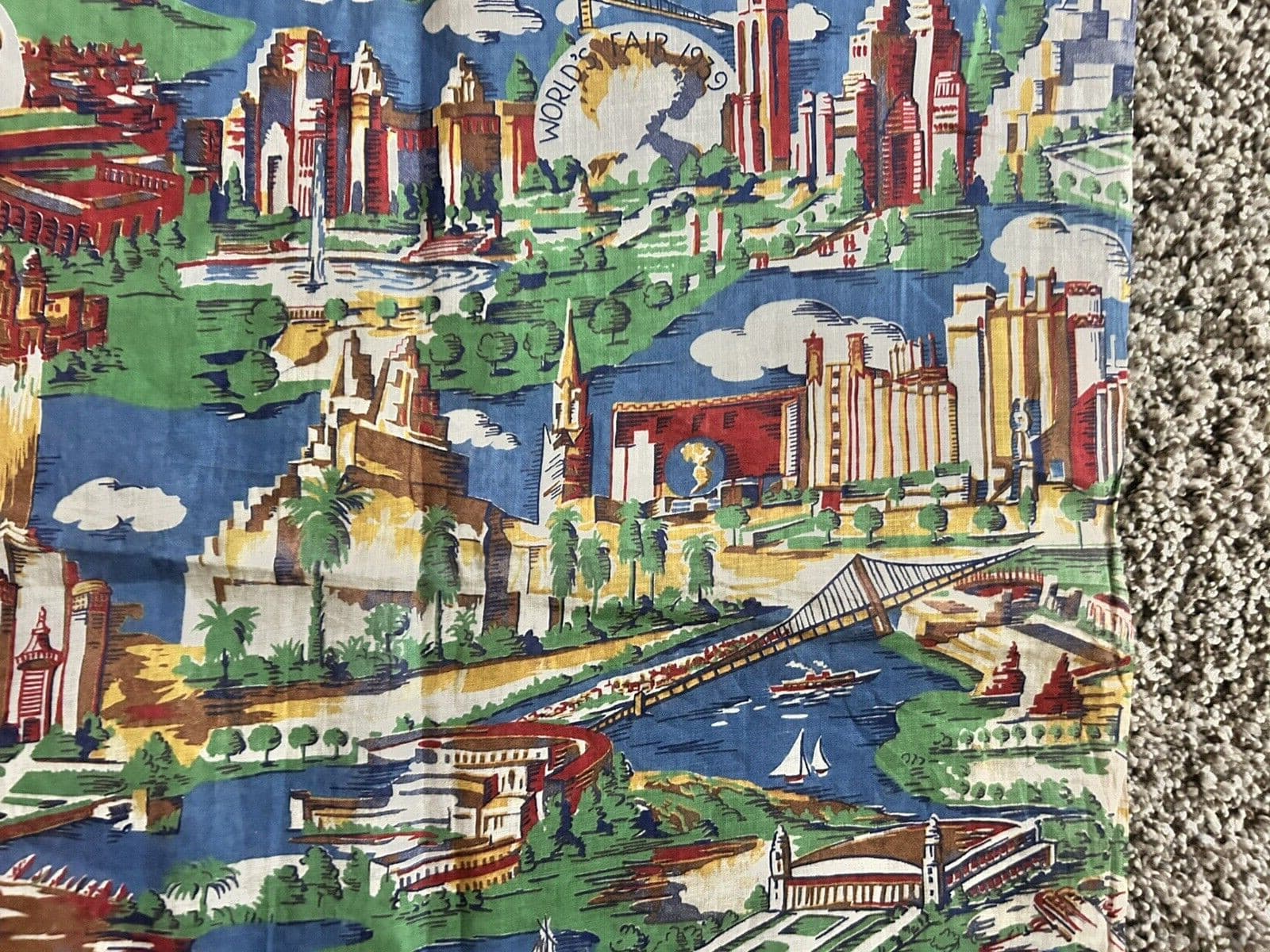 Rare 1939 Worlds Fair Cotton Fabric Yardage Aria view Of  Fairgrounds 39"Wx 35"L 5