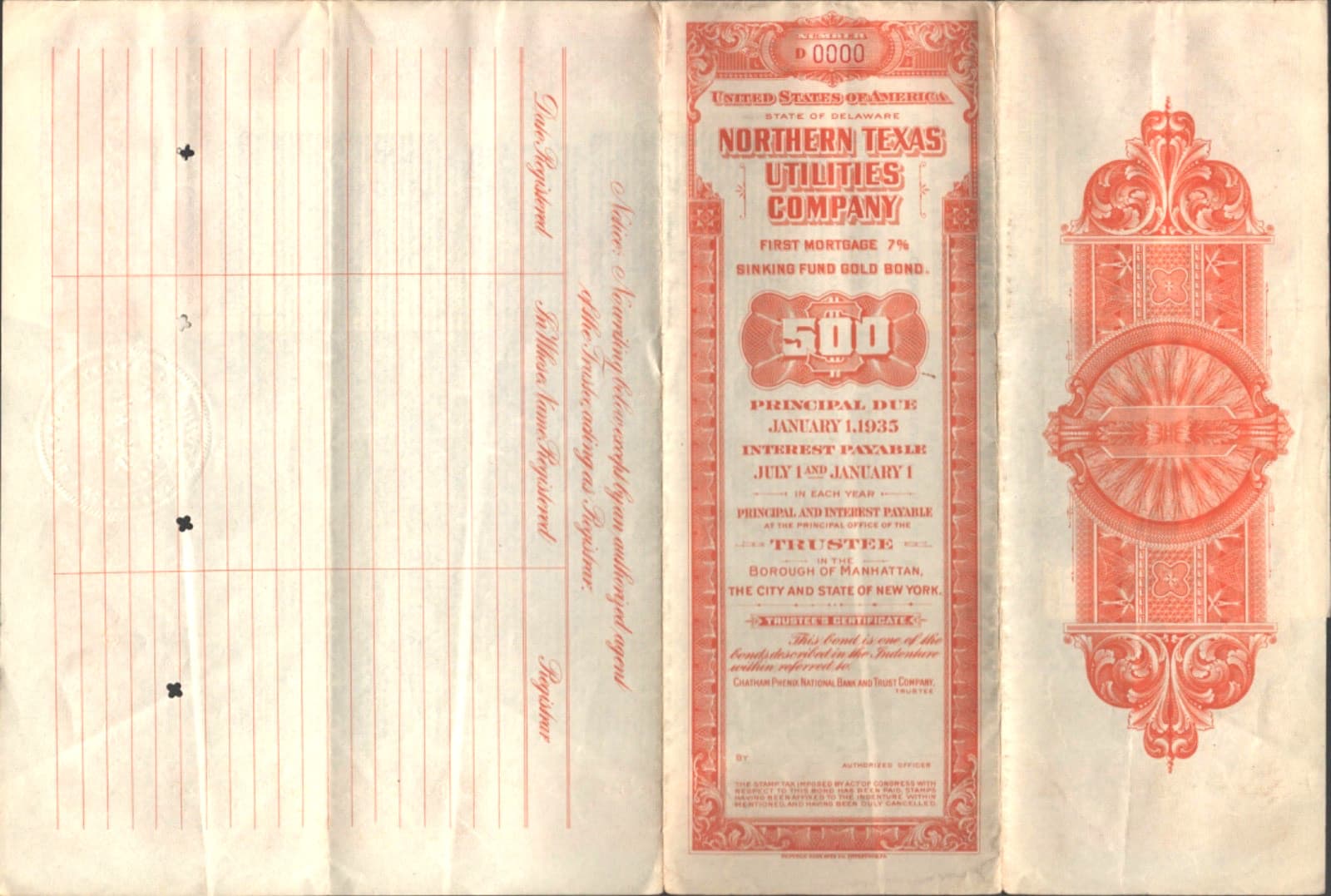 1926 NORTHERN TEXAS UTILITIES CO. old stock certificate SINKING FUND GOLD BOND 2