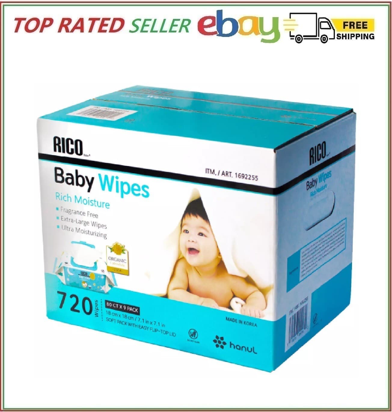 RICO Baby Wipes, Soft Pack With Easy Flip-Top Lid, Ultra Moisturizing, 720-Count