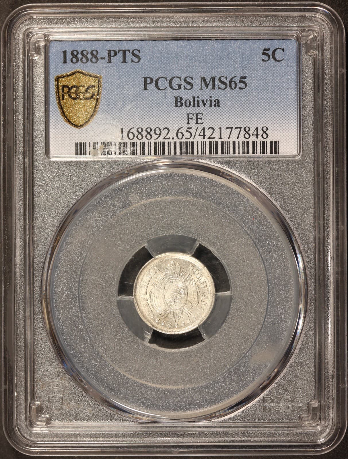 1888 PTS FE Bolivia 5 Centavos Silver Coin - PCGS MS 65 - KM #157.2 - TOP POP 3