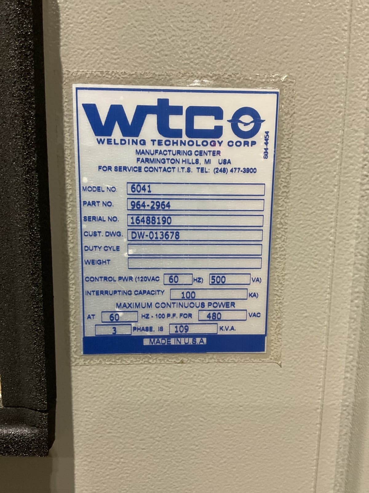 WTC 6041 964-2964 Weld Controller USED 4