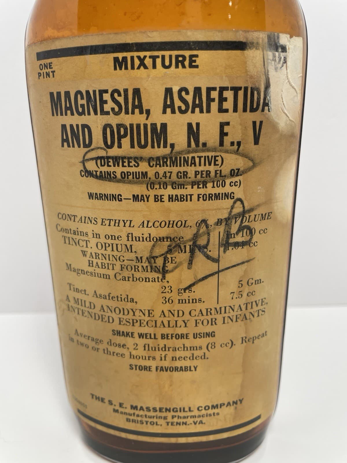 Vintage MAGNESIA, ASAFETIDA and OPIUM, N. F., V Medicine Bottle EMPTY 4