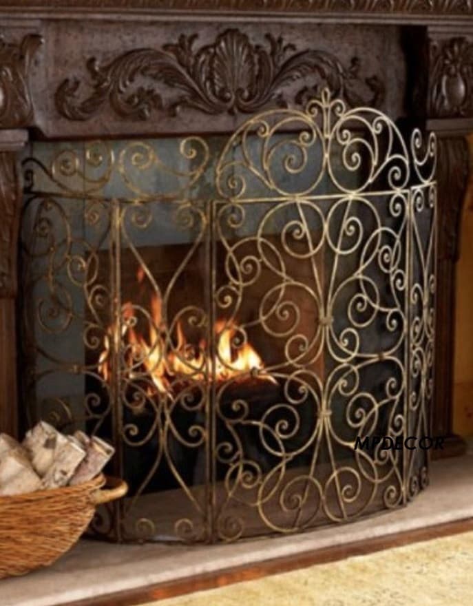 Old World Antique Gold Iron Fireplace Fire Screen French Scroll 5 Panel 62"W 2