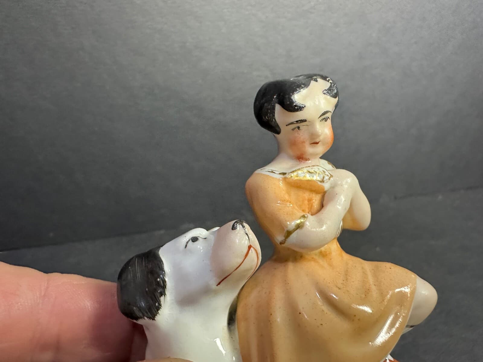 Antique Staffordshire Dog & Child & Bird, Cobalt Base, Black & White Spaniel 6