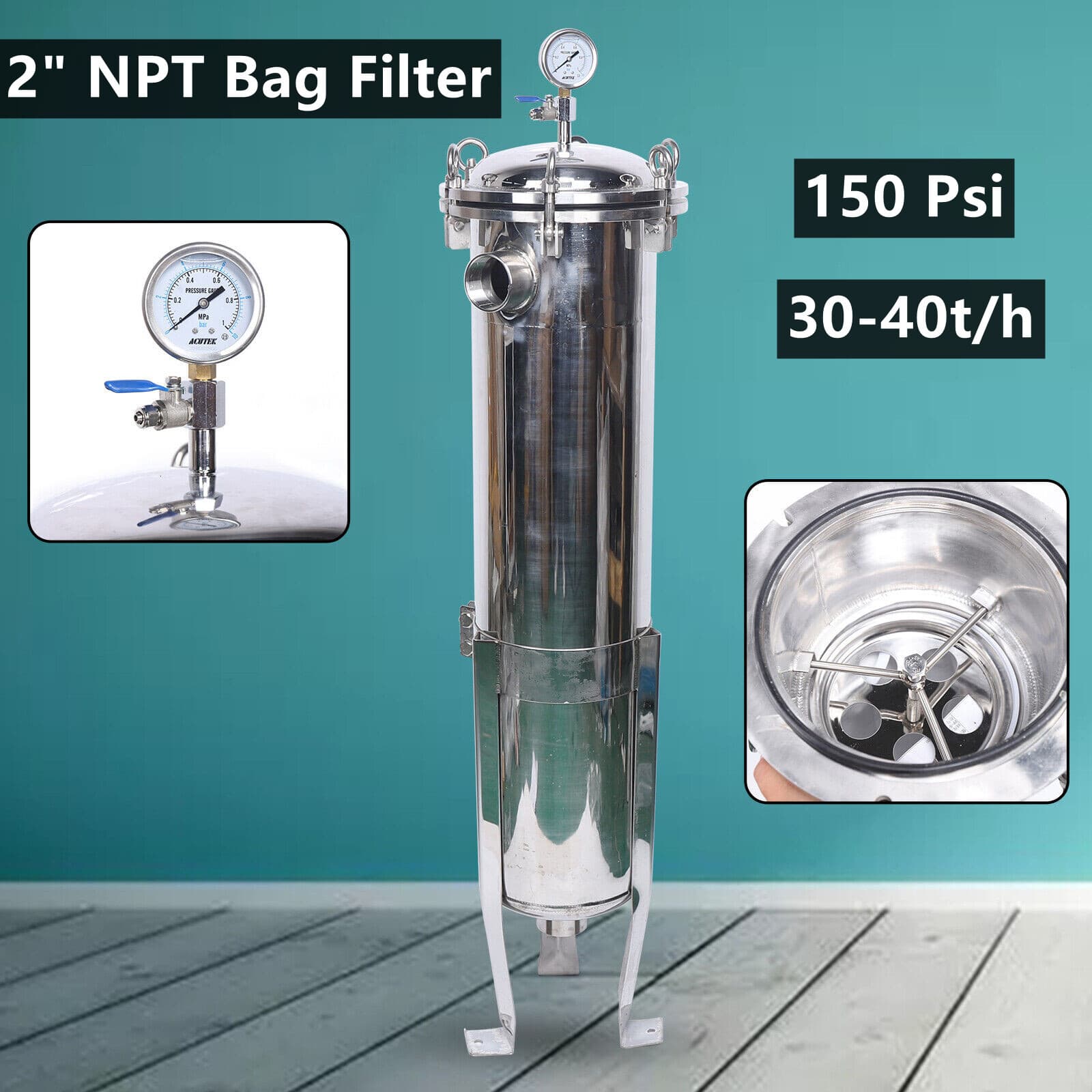 2" NPT Bag Filter Housing 150 Psi 304 Stainless Steel In/Out #2 Bag with mesh US 2