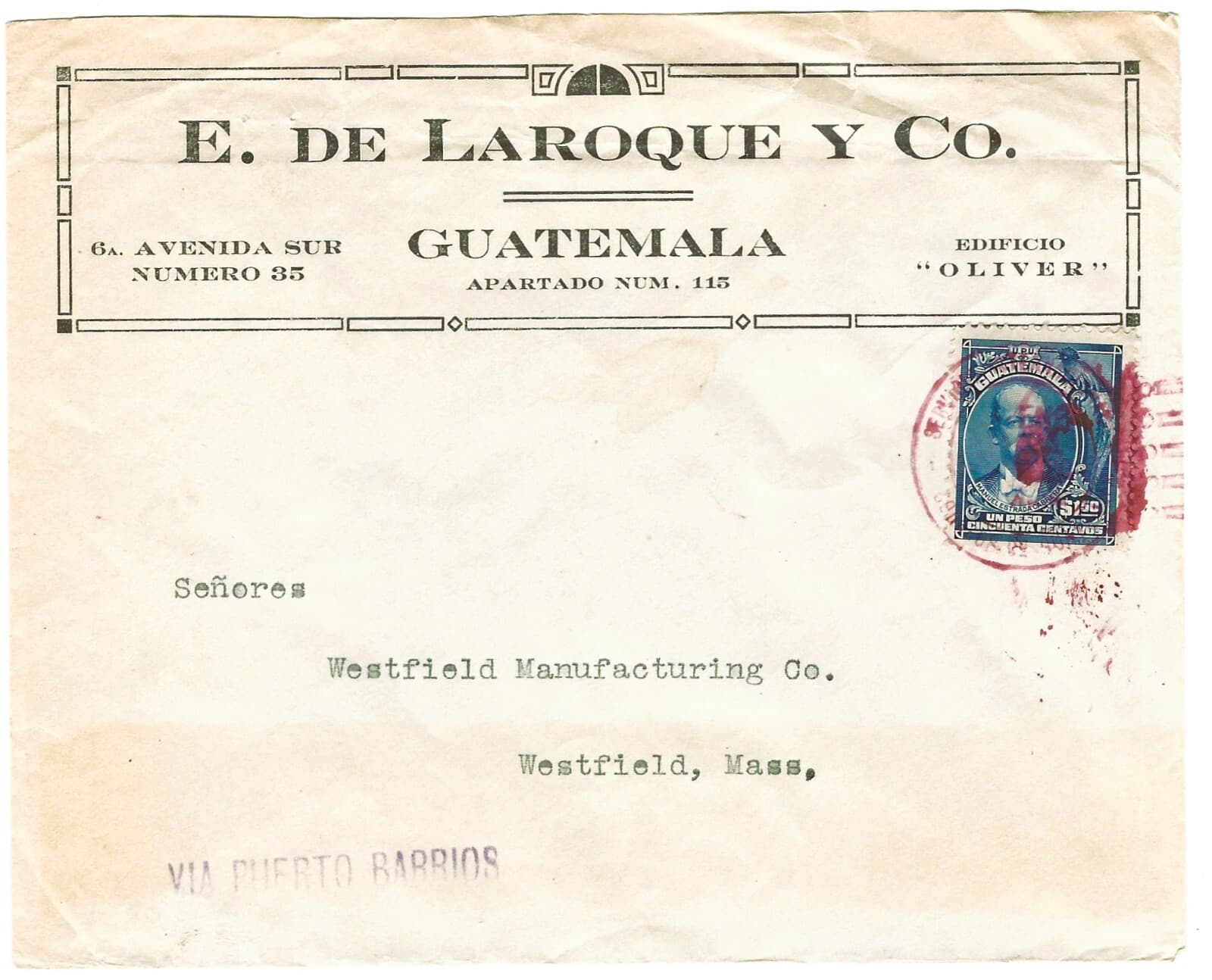 GUATEMALA 1920 COVER WITH  PERRIER LABEL ON REVERSE  3 SCANS