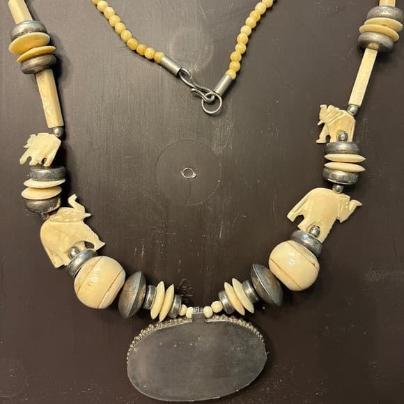 Vintage Elephant Necklace Carved Bovine Bone Beads Boho Tribal Statement Jewelry 2