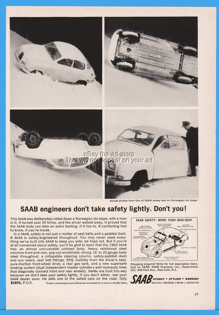 1964 Saab Safety Test Rolled Over 25 Times On Norwegian Ski Slope Print Ad